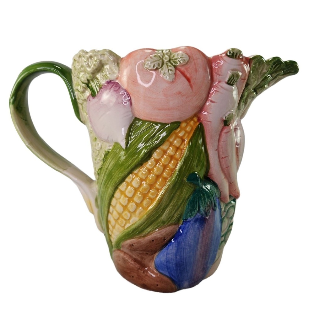 Fitz and Floyd Pitcher Mixed Vegetable Colorful Jug Vase Embossed 1986 Vtg READ